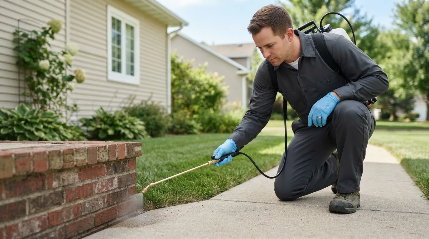 Pest control technician treating a home near Max, MN