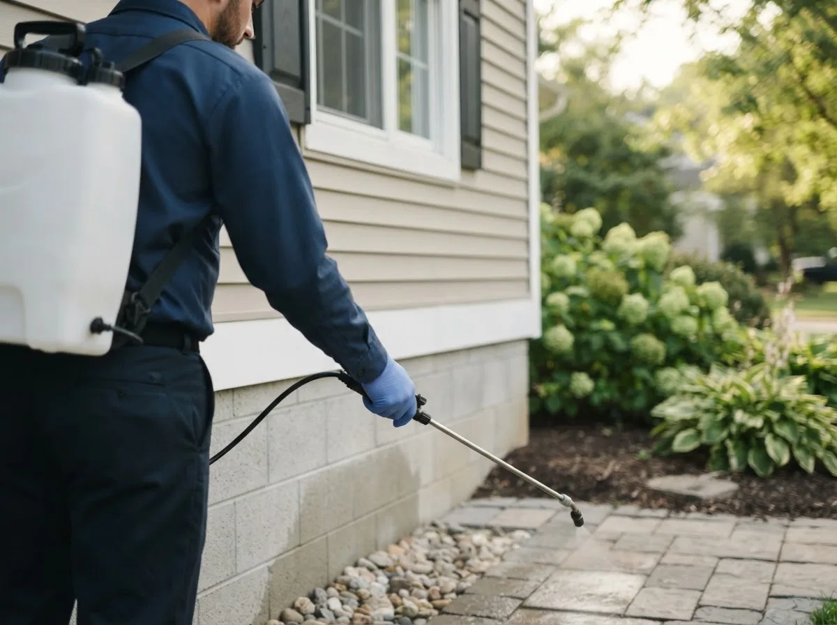 Pest control technician inspecting a home in Max, MN